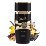 Perfume Asad de Lattafa para Hombre con notas de pimienta negra, pachulí y vainilla