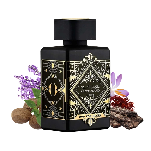 Perfume Bade'e Al Oud Oud for Glory de Lattafa para Hombres y Mujeres con notas de azafrán, madera de oud y pachulí